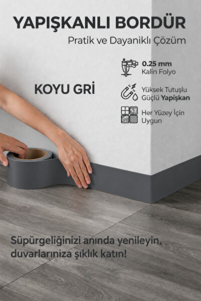 FixCaps Kendinden Yapışkanlı KOYU GRİ Duvar ve Süpürgelik Bordürü 10 cm x 5 m...