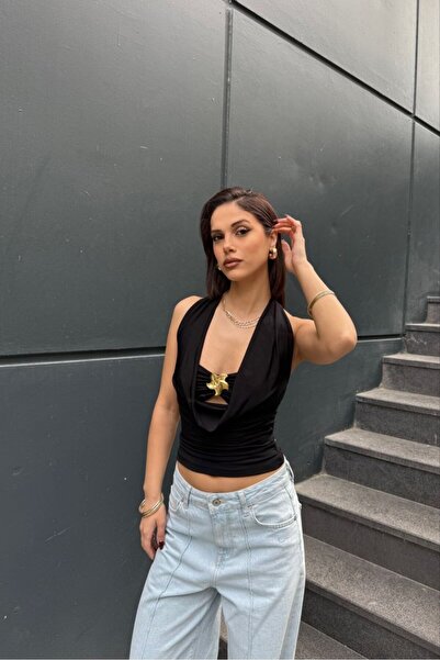 Butik kadın drapeli bluz, sırt dekolteli, taş detaylı, slim fit, şık gece ve ...