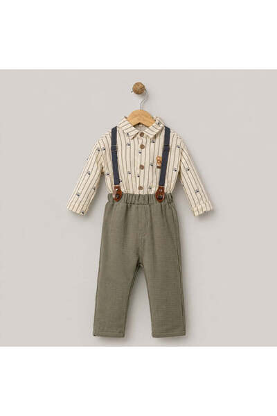 pufien Baby Boy Set with Linen Shirt and Suspender Pants Green 6-24 Months