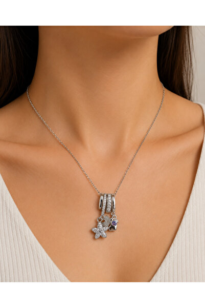 Masalca Premium Zirkon Taşlı Silver Charm Kadın Kolye