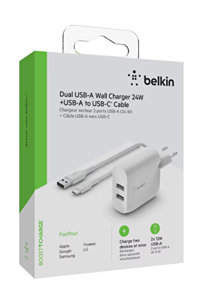 Belkin Dual USB-A wALL Charger 1m PVC A-C, 24W White