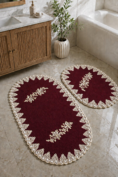 Bonny Home Plum 2-Piece French Lace Luxury Bath Mat Set with Non-Slip Base, D...