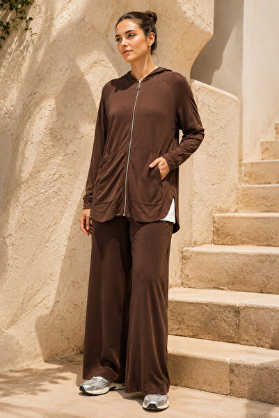 Lale Butik Kadriye Baştürk Modal Cupra Zippered Cardigan Trousers Set 415 Brown