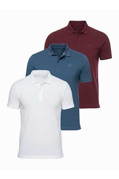 OMBRE Men's Polo Shirt Set 3 Pieces Polo Collar OM-POBS-0171 White/burgundy/d...