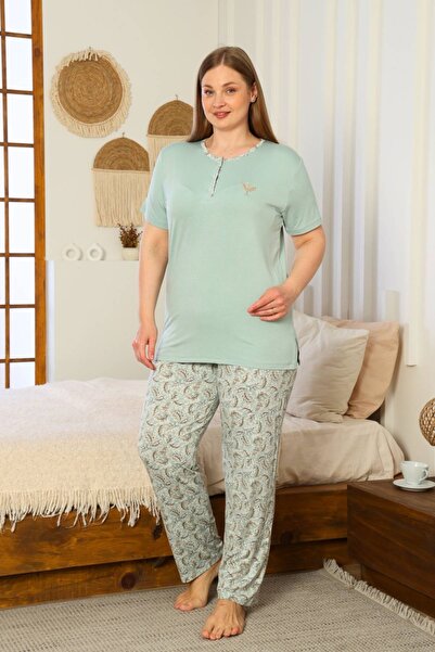 ALİMER Plus Size Women`S Pajama Set - Green Short Sleeve Lycra 2874Kyb