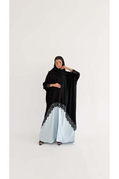AYA mwt2009 عباية كريب اسود وساتان مع دانتيل