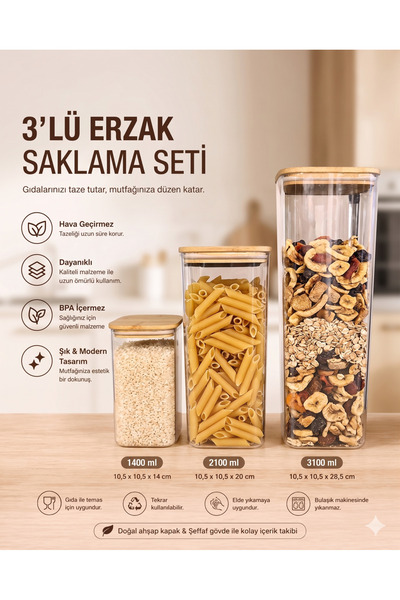 Set of 3 Sealed Provisions Storage Containers with Bamboo Lids BPA Free Kitchen Organizer