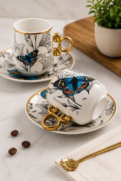 Sudedi Home 6-Person Porcelain Turkish Coffee Cup Set with Gold Handles and Butterfly Pattern Coffee Presentation Set