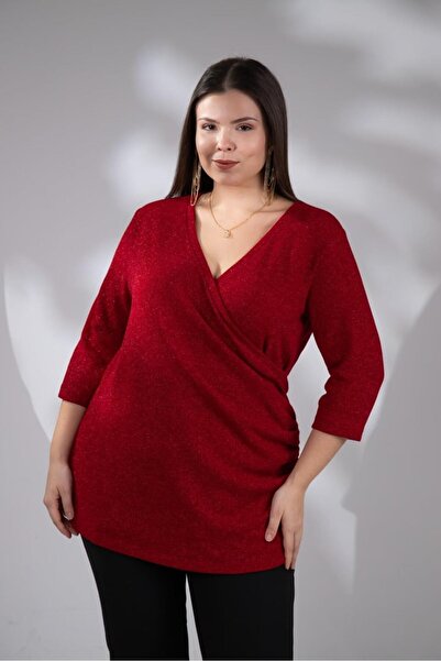 Roxxlen Women's Plus Size Double Breasted Knitwear Blouse Red
