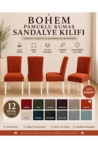 İLYEVTEKSTİLİ Bohem Pamuklu Esnek Standart Sandalye Kılıfı, Yıkanabilir, Doku...