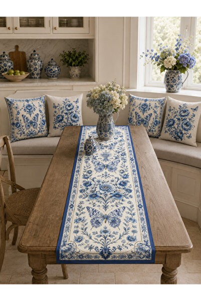 HOMESSA Blue Floral Flower Runner and 4-Piece Throw Pillow Set