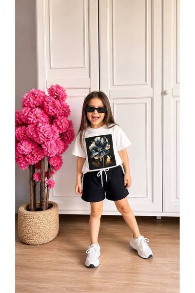EKNKİDS Girl's Shiny Printed Shorts Set