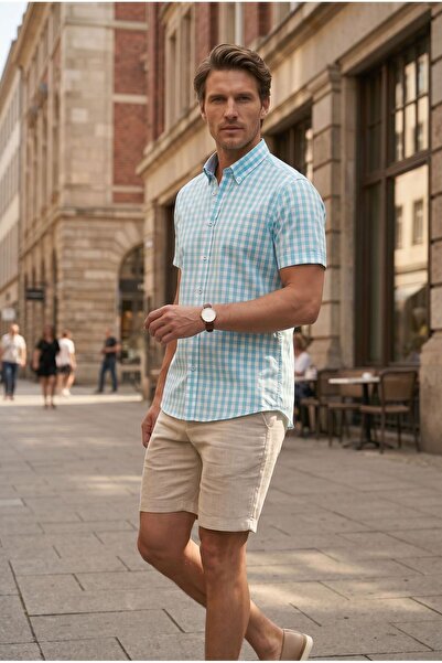 Louis Fabel Colorful Square Patterned Short-Sleeved Men's Shirt on a White Ba...