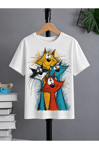 VODEXA Tricou oversize unisex cu imprimeu 4 CATS, 100% bumbac, croială confor...