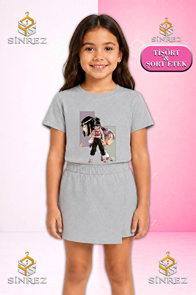 SİNREZ Girl's Set Anime Girl Triple Square Picture Printed Short Sleeve T-Shi...