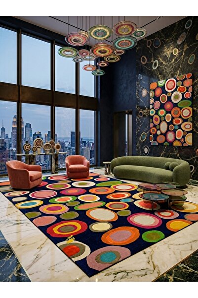 Rugs Modern Halı SDT Soyut Puantiye Desenli Lacivert Halkalı Maksimalist Doku...