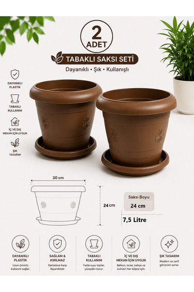 GÜZELYÜZ AVM 2 Adet Klasik Antik Saksı | Tabaklı Saksı Seti 7,5 Litre Kahvere...