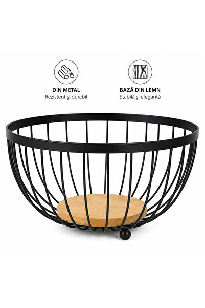 OEM Black Metal Fruit Bowl with Wooden Base, Modern Minimalist Design
