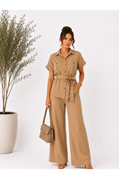 inci bayan giyim Women's Button-Detail Shirt with Collar and Belt 2-Piece Set...