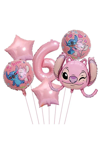Baloane Vesele Set Baloane Aniversare 6 Ani Tematica Stitch și Angel Roz SET3...