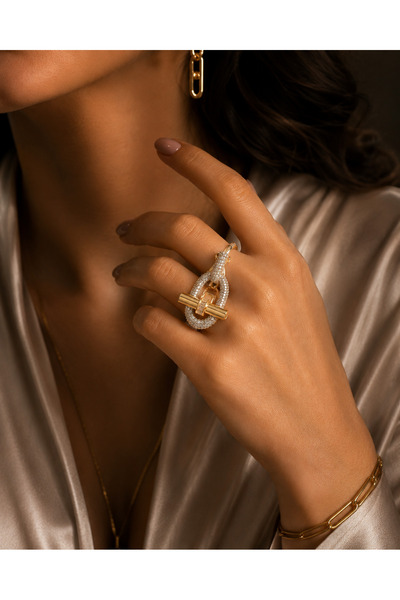 OEM Luxury Double Ring 14K Gold Plated and Premium Zirconia, Two Finger Desig...