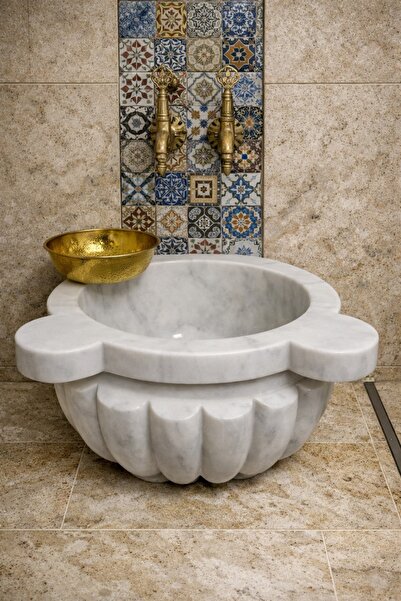 banyodecor Beyaz Kavun Dilimli Mermer Kurna