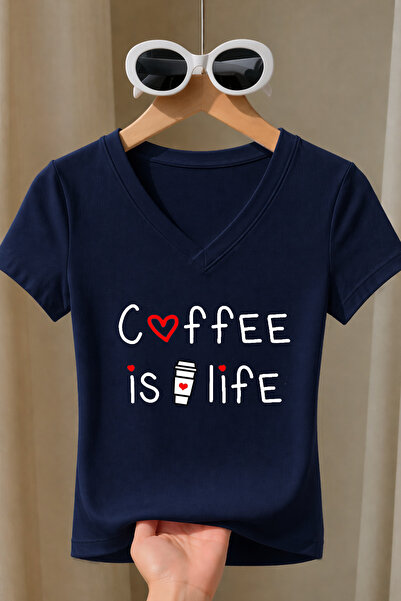 Velostra تي شيرت نسائي من القماش الليكرا بطبعة Coffee is Life ذو رقبة على شكل...