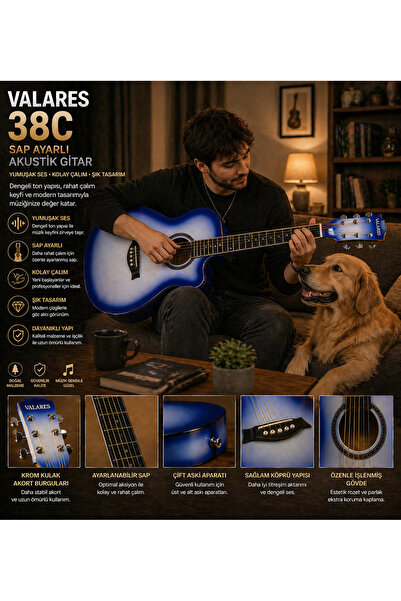 valares 38CM Kesik Kasa Mavi Sunburst Akustik Gitar 38 İnç 4/4 Sap Ayarlı Cut...