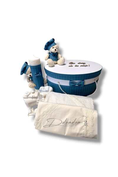 Domdom Boutique Pachet Ținută Luca Albastru în dungi /Trusou Clasic/Lumanare clasică