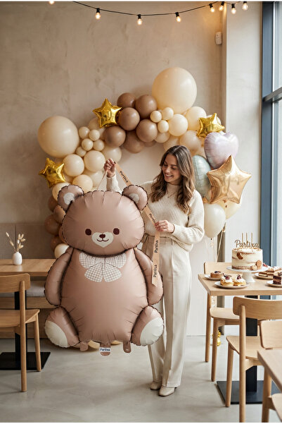 Partixa Retro Krem Fiyonklu Kahverengi Ayıcık Folyo Balon Baby Shower Parti Süsü