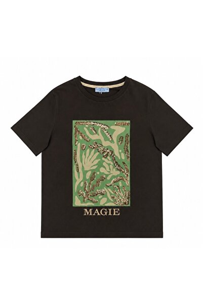 thegiba.co Kahverengi-Payet Detaylı Baskılı Oversize T-Shirt