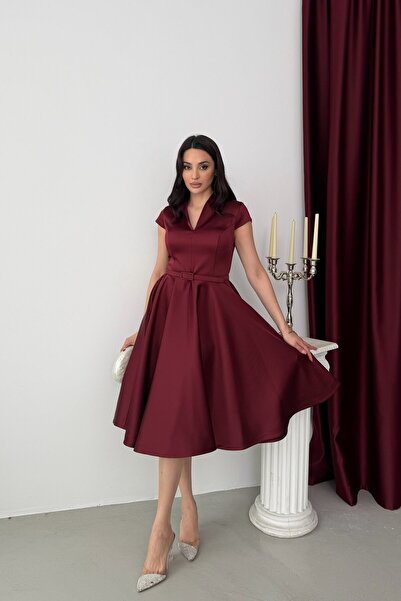 Serica Moda Rochie de seară midi cu mâneci scurte, decolteu în V, cu centură,...