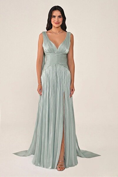 ALFABETA Custom Cut and Sew Shiny Chiffon Deep V Neck Long Dress Alpha Beta