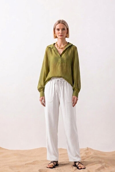 MATERIAL Women's Straight-Leg White Linen Trousers with Double Pockets
