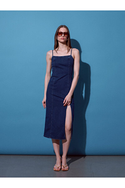 Dilvin 90584 Denim Slit Dress-Blue
