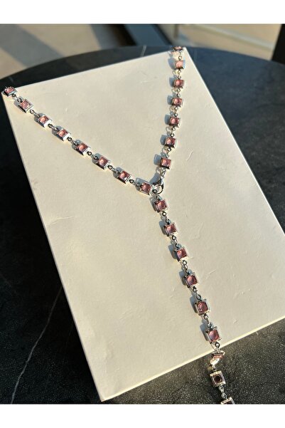 Rose and Light Pink Square Zircon Stone Y Necklace