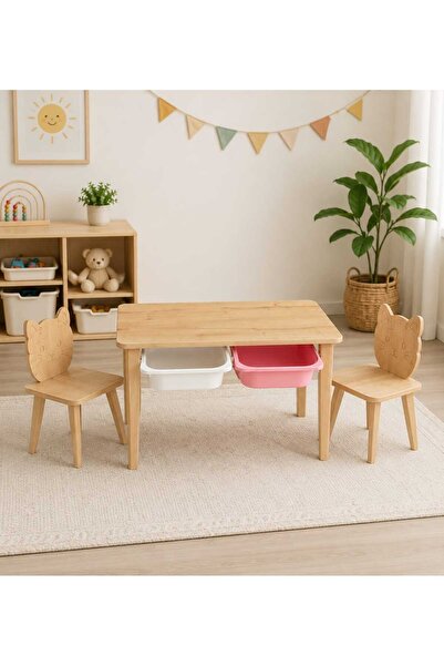 Asrimo mobilya ÇOCUK MASA SETİ AHŞAP YÜZEYLİ - ÇİFT HAZNELİ- ÇİFT HELLO KİTTY FİGÜR SANDALYELİ