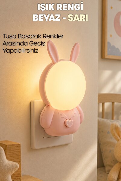 Telvesse Gece Lambası Tavşan Tip 2 MOD Sarı-Beyaz Işık Tuşlu Koridor Hol Işığı Uyuma Işığı Pembe K6821