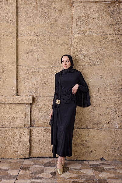LOCCO Women's Shawl Detail Dress with Gold Accessories Black