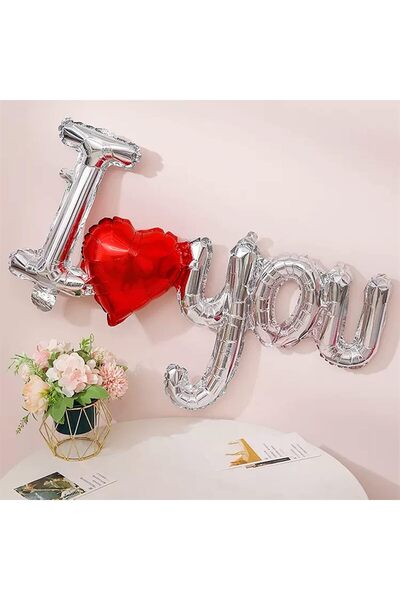 CYTHERIA Drej I Love You Balloons Red Heart & Silver Letters, I Love U Banner...