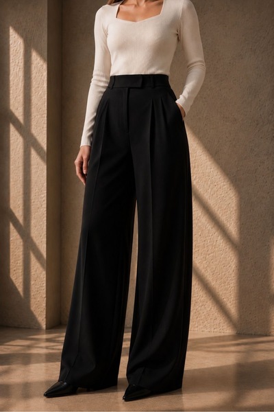BM BALANCEMODA Ženske palazzo pantalone od likre sa čičak zatvaračem, crne