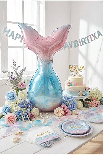 Partixa Pembe Mavi Denizkızı Kuyruğu Folyo Balon 50x81 cm Denizkızı Temalı Ço...