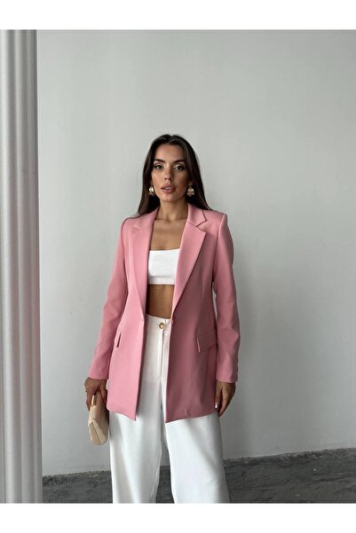 HOPE AND ME Kadın Pudra Pembe Tek Düğmeli Vatkalı Blazer Ceket