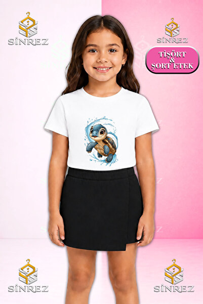 SİNREZ Girl's Set Karette Karetta in the Water Printed Short Sleeve T-Shirt S...