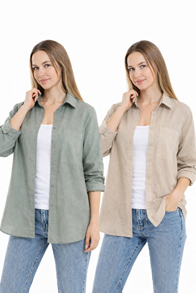 SANTAMİLA 2-Piece Linen Shirt 100% Cotton Khaki Beige