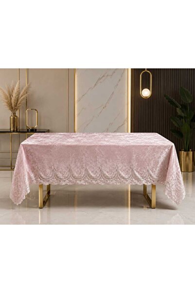çeyizköşesi Sultan Velvet Fabric French Laced Luxury Tablecloth 160X220