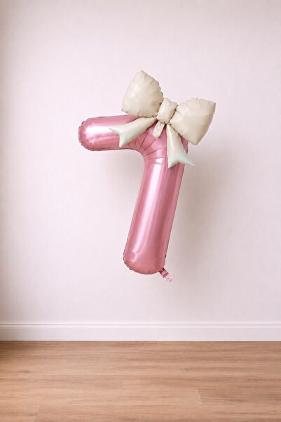 Patladı Gitti Cream Bow & Pink 7 Number Foil Balloon Set