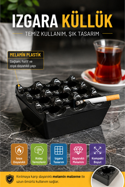 OpenCity Siyah Melamin Izgara Küllük Kare Kül Tablası Isıya Dayanıklı Cafe Ba...