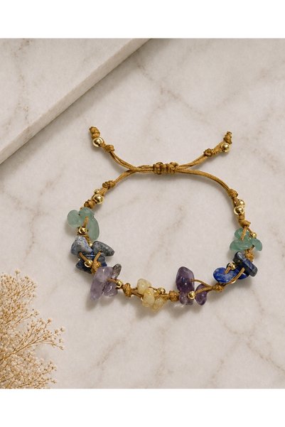 Femenino Sagittarius Zodiac Sign Real Natural Stone Gold Thread Braided Bracelet - Amethyst, Citrine, Lapis Lazuli, Aventurine