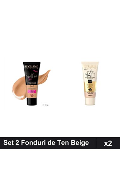 Eveline Set 2 Fonduri de Ten Cosmetics, Satin Matt și Selfie Time 2in1, Nuanț...